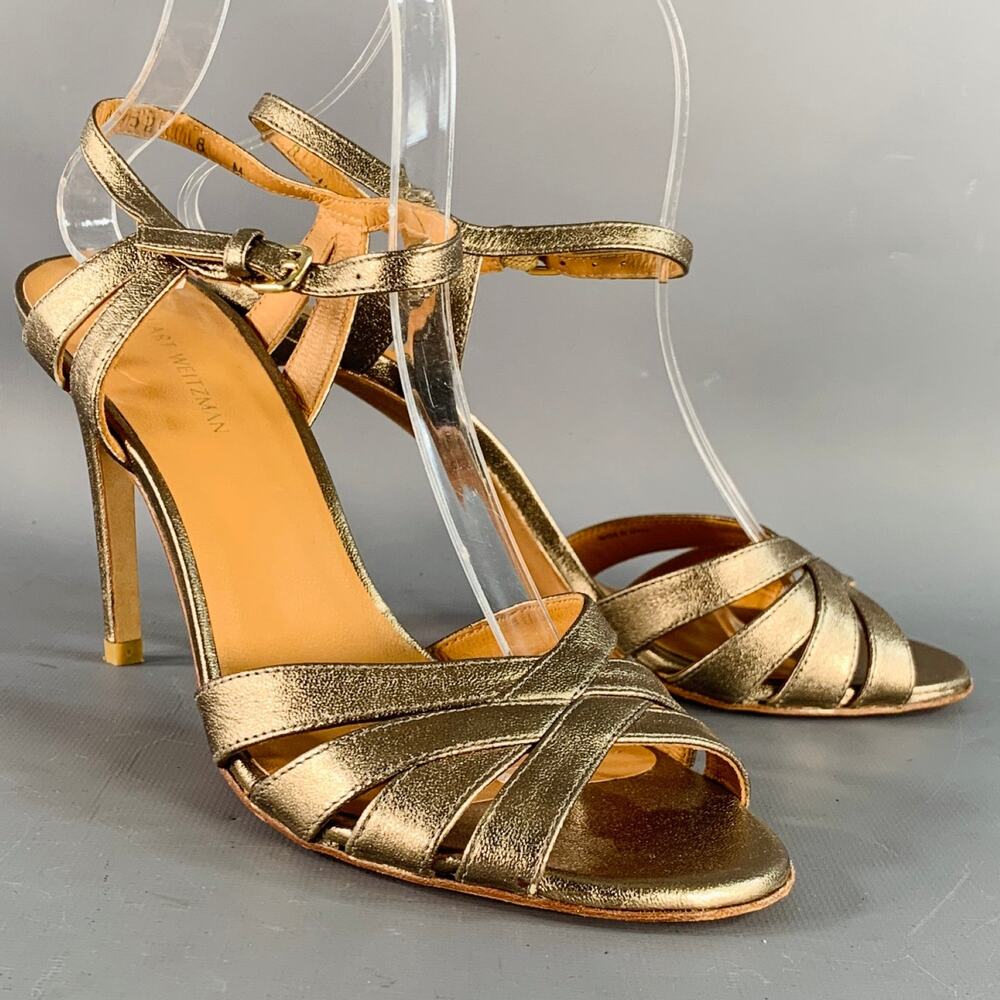 STUART WEITZMAN Size 8 Metallic Gold Leather Strappy Ankle Strap Sandals